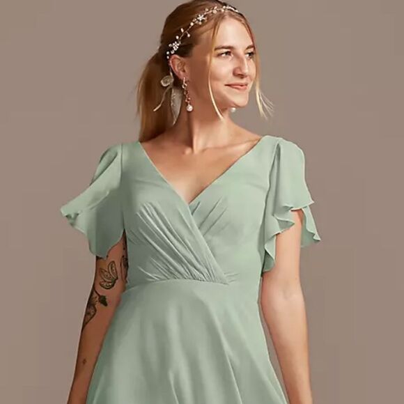 🍑David's Bridal Dusty Sage Green Flutter Sleeve Gown Size 6 - Picture 2 of 13